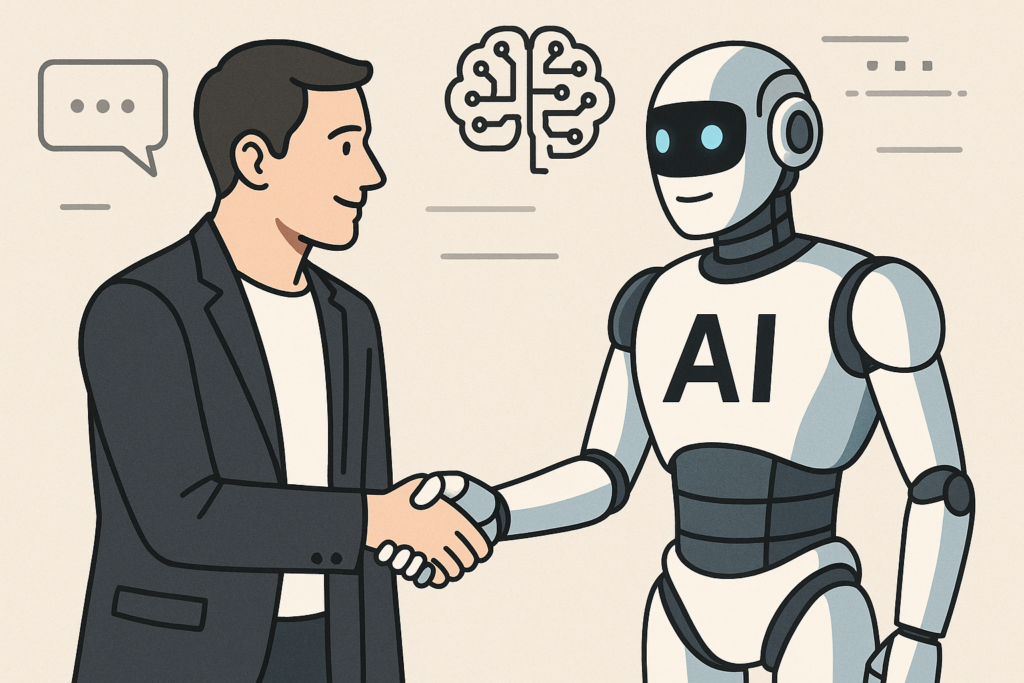A colorful digital illustration showing a human man in a business suit shaking hands with a humanoid AI robot in a futuristic setting, symbolizing collaboration between humans and artificial intelligence.