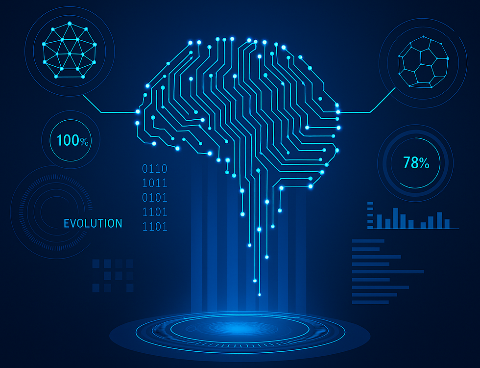 Futuristic digital illustration representing Machine Learning (ML), featuring a glowing circuit-like brain at the center, connected to data visualizations, neural network diagrams, and binary code elements, set against a dark blue tech-themed background.