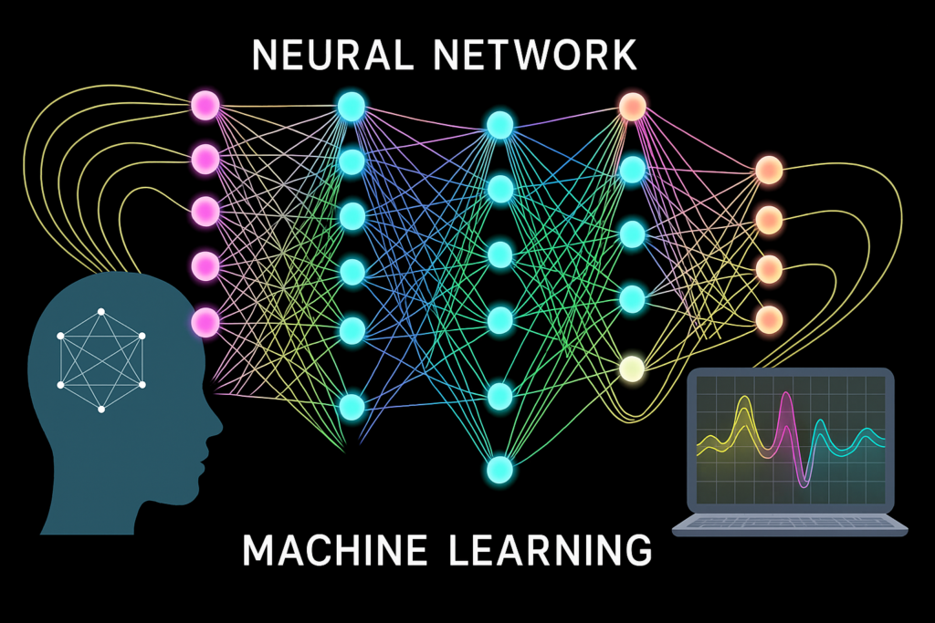 A digital illustration shows a neural network and machine learning process on a black background. On the left, a blue silhouette of a human head contains a geometric neural diagram, with colorful lines connecting to a series of multi-colored nodes arranged in vertical layers representing input, hidden, and output layers of a neural network. Each node is interconnected with vibrant lines symbolizing data pathways. On the right, a laptop displays a colorful waveform graph, indicating data analysis or output. The words "NEURAL NETWORK" and "MACHINE LEARNING" are prominently displayed at the top and bottom of the image.