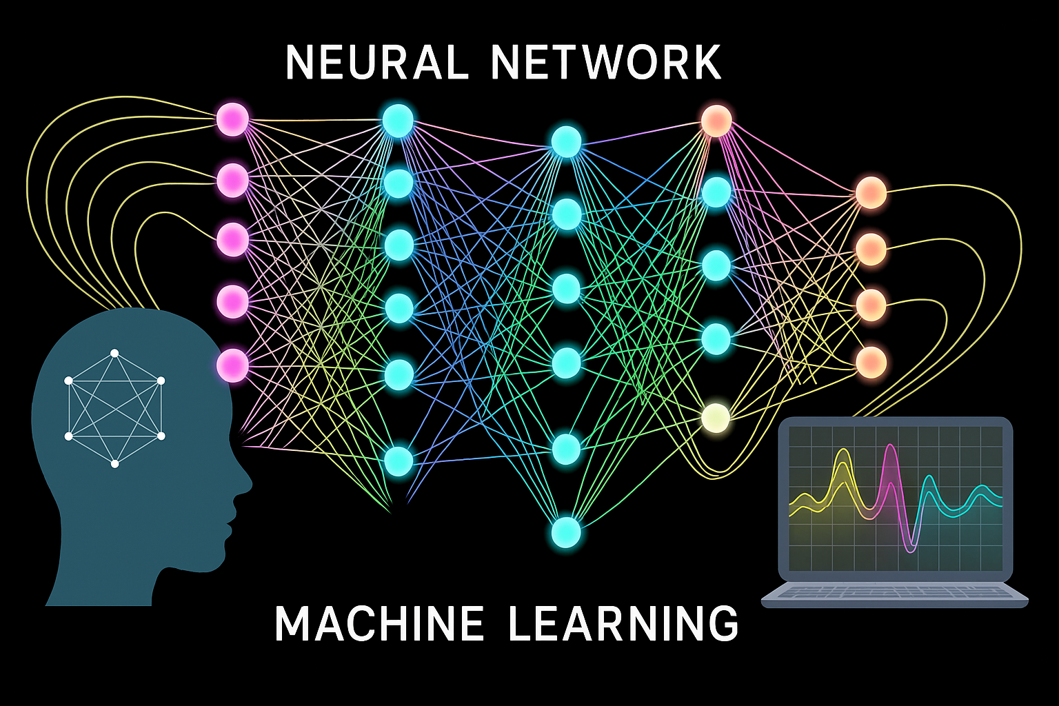 A digital illustration shows a neural network and machine learning process on a black background. On the left, a blue silhouette of a human head contains a geometric neural diagram, with colorful lines connecting to a series of multi-colored nodes arranged in vertical layers representing input, hidden, and output layers of a neural network. Each node is interconnected with vibrant lines symbolizing data pathways. On the right, a laptop displays a colorful waveform graph, indicating data analysis or output. The words "NEURAL NETWORK" and "MACHINE LEARNING" are prominently displayed at the top and bottom of the image.