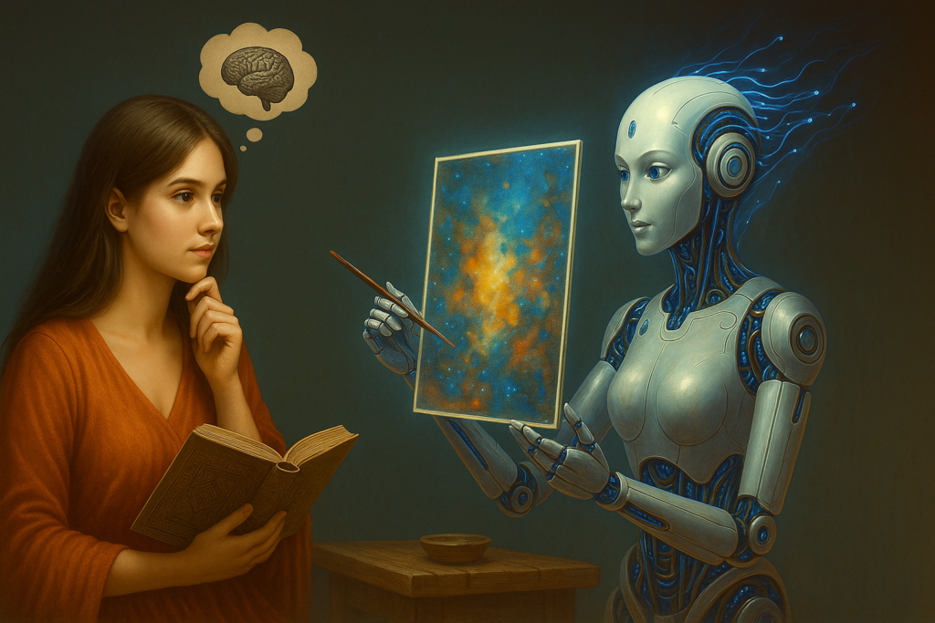 A digital illustration symbolizing "AI vs Human Creativity," featuring a beautiful young woman in a red dress thoughtfully reading a book, while a futuristic humanoid robot presents an abstract painting. A thought bubble with a brain icon hovers over the woman's head, representing imagination, as the robot's circuits glow blue, depicting artificial intelligence.
