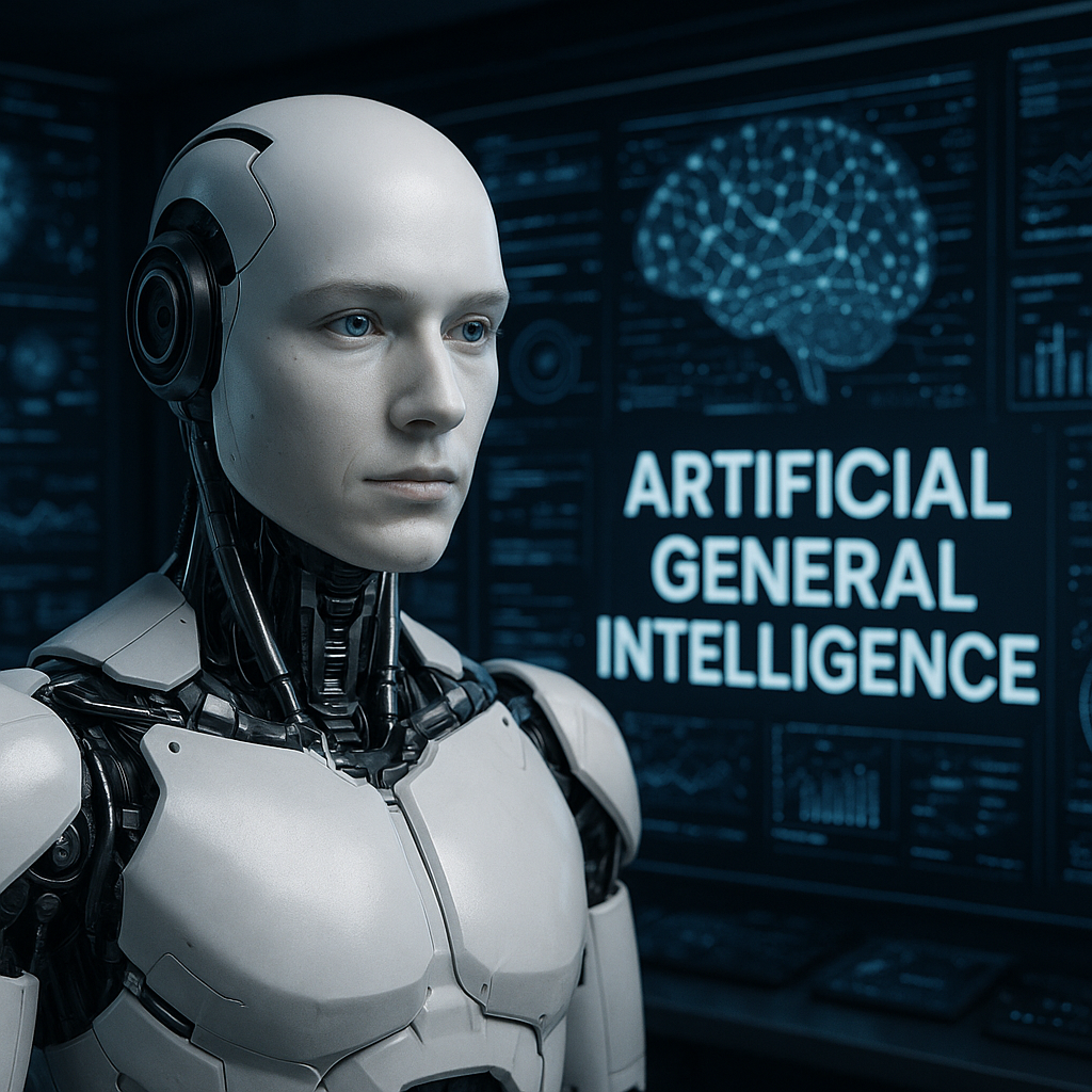 A humanoid robot with lifelike features stands in a futuristic control room, with digital screens in the background displaying data visualizations and the phrase "Artificial General Intelligence (AGI)."