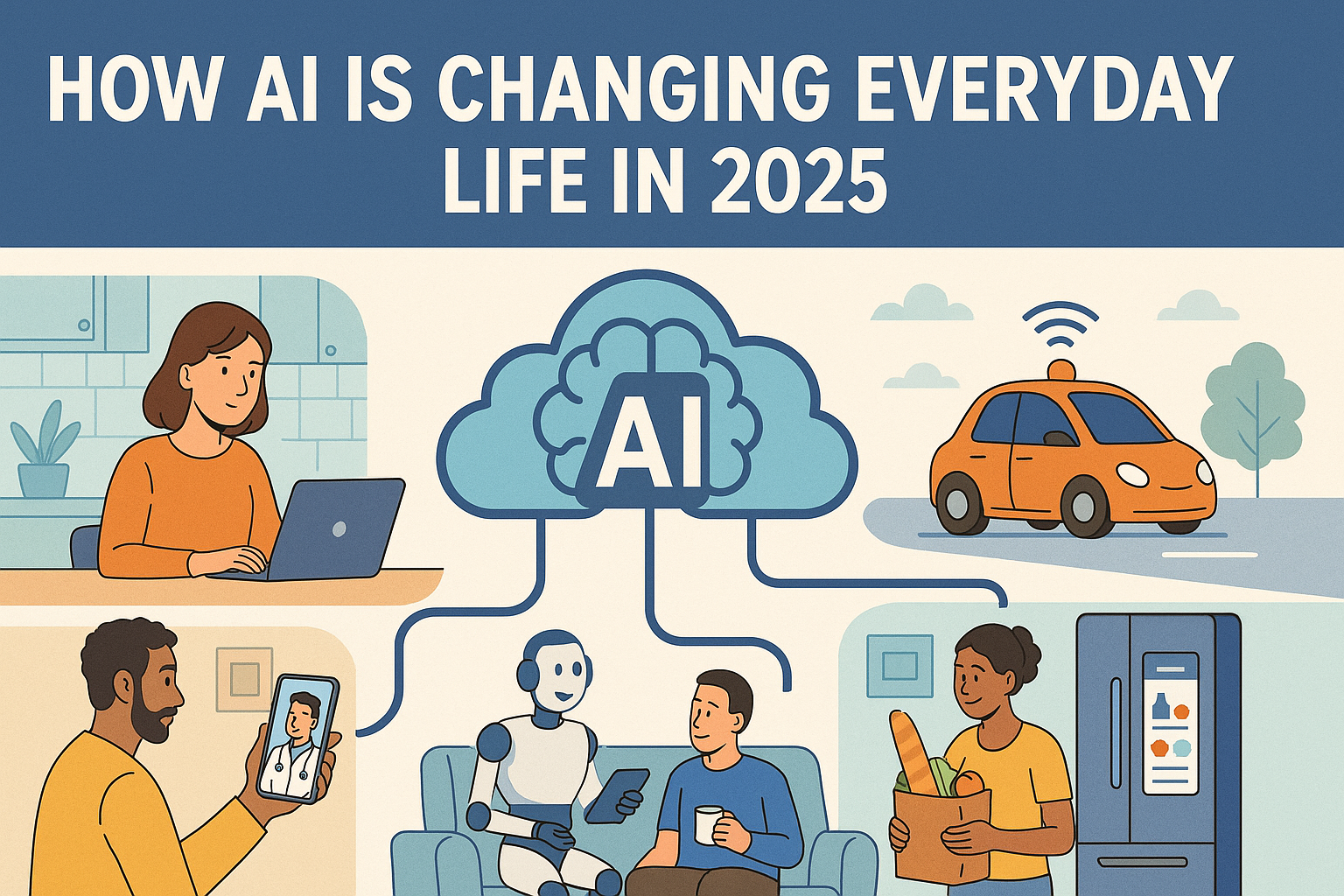 A modern-style digital illustration in landscape format titled "How AI Is Changing Everyday Life in 2025." At the center is a stylized AI cloud icon with connection lines branching to various real-life applications: a woman using a smart assistant while working on a laptop, an autonomous orange car on the road, a man having a telehealth consultation on his phone, a humanoid robot interacting with a person on a couch, and a woman holding groceries in front of a smart refrigerator. The background uses clean lines, flat design, and a warm, inviting color palette of blues, oranges, and creams.