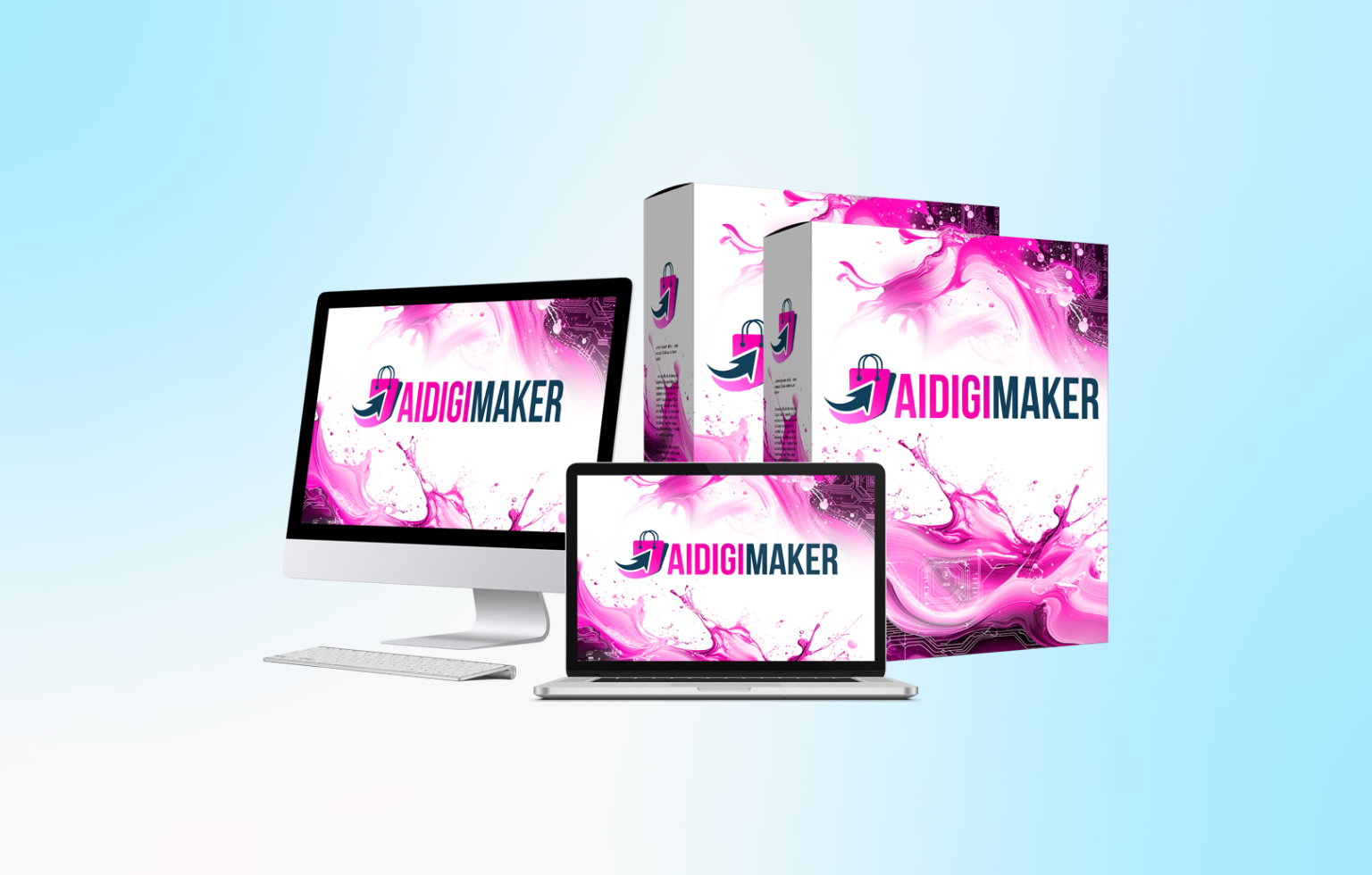 AIDigiMaker Review 2025 product display featuring branded software boxes, desktop, and laptop screens with a vibrant pink and white digital design representing the AI-powered digital product creator.