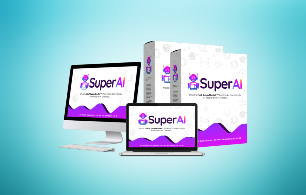 Super AI Review product mockup showing desktop, laptop, and software boxes with Super AI branding, highlighting the all-in-one AI SuperModel™ platform.