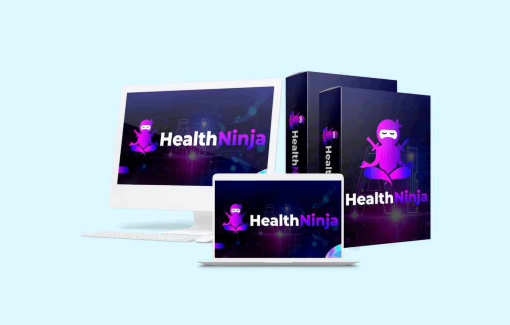 HealthNinja review 2025 – AI-powered health and wellness software displayed on desktop, laptop, and product packaging