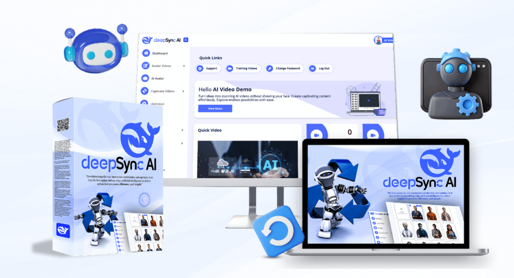 DeepSync AI Review – A visual overview of the DeepSync AI platform featuring its user dashboard, AI avatar video creation tools, and product packaging. The image showcases the intuitive interface across devices like desktop and laptop, highlighting key features such as unlimited avatar videos, training support, and data synchronization tools. DeepSync AI is designed to help users create stunning AI-generated content without being on camera, making it ideal for marketers, educators, and content creators seeking automation and efficiency. This image is perfect for a comprehensive DeepSync AI review that explores its capabilities and user-friendly experience. DeepSync AI Review dashboard with avatar video tools, product box, and features displayed on devices.