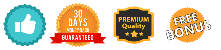 Trust badges including thumbs-up, 30-day money-back guarantee, premium quality label, and free bonus icon
