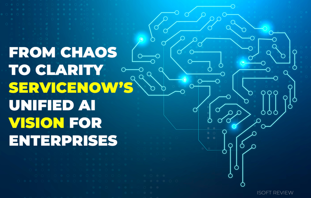 ServiceNow unified AI concept with brain-shaped digital circuit and headline text